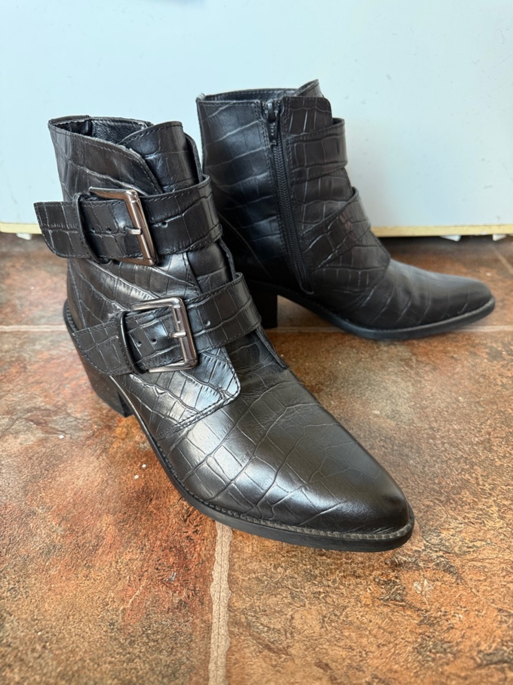 Women's Black Croc-Texture Buckle Ankle Boots